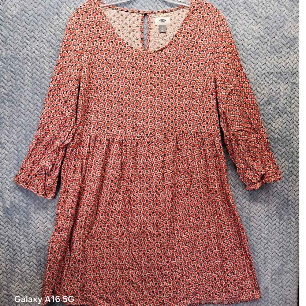 Old Navy Orange Floral Babydoll Mini Dress Long Sleeve V-Neck Rayon Womens Large